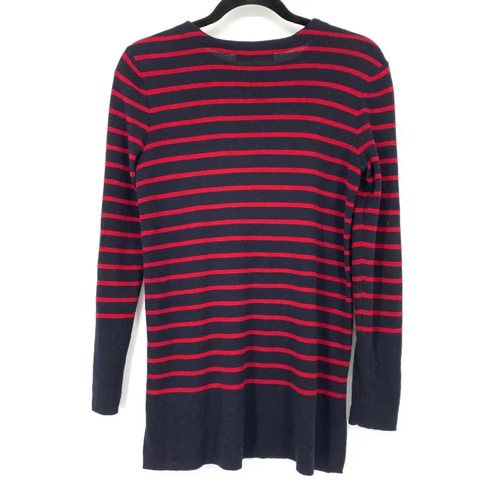 Tory Burch Sweater Women's Size Small Blue Red Wool Tunic Scoop Neck Pullover